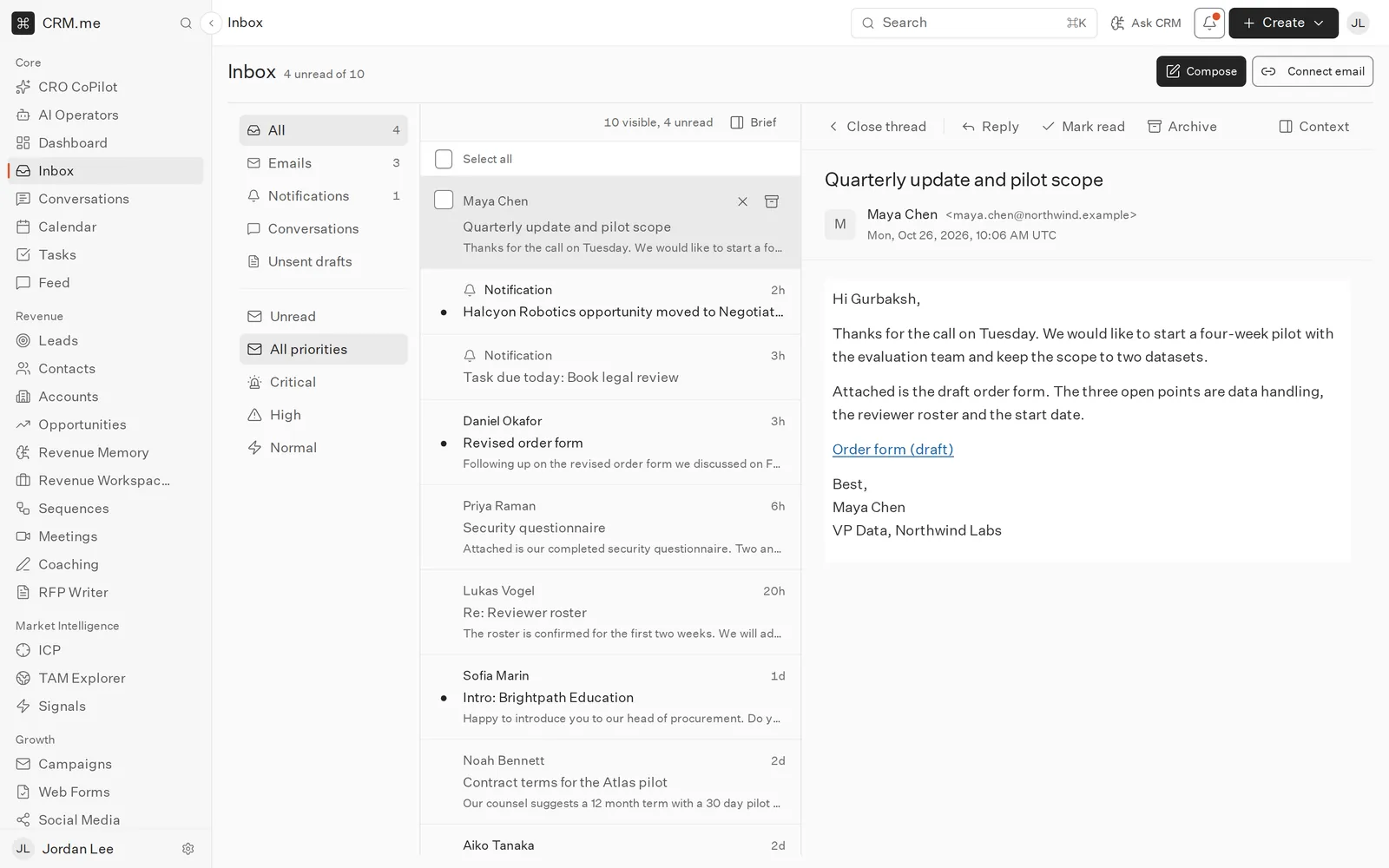 The inbox: a list of email threads on the left and the open thread in a reading pane on the right.