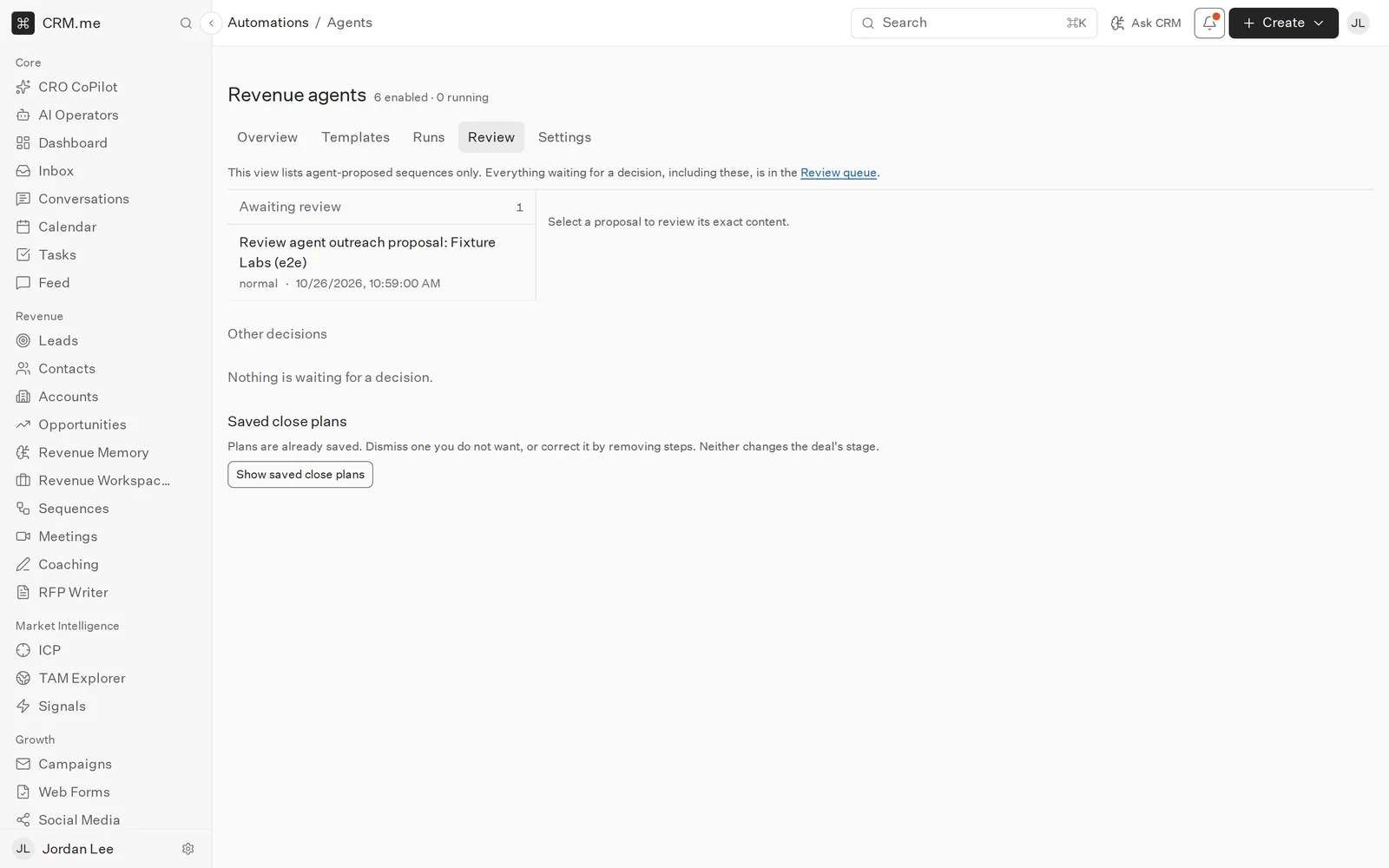 The review queue: a list of proposals on the left and the selected proposal with its evidence and decision buttons on the right.
